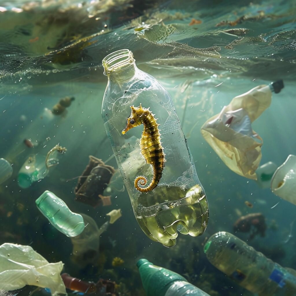 Pollution plastique dans la mer avec hippocampe prisonnier d’une bouteille
